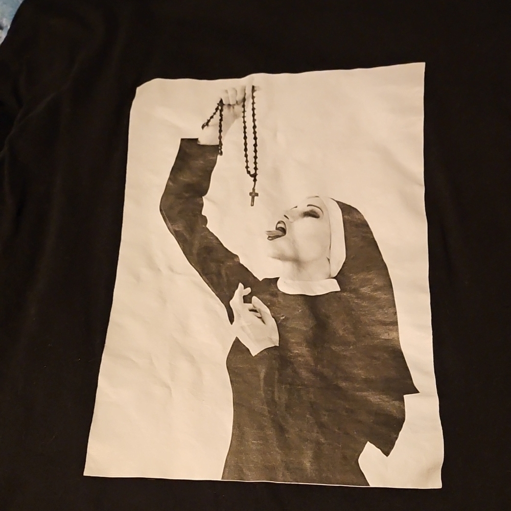 Black Graphic Cropped T-Shirt with Nun Print